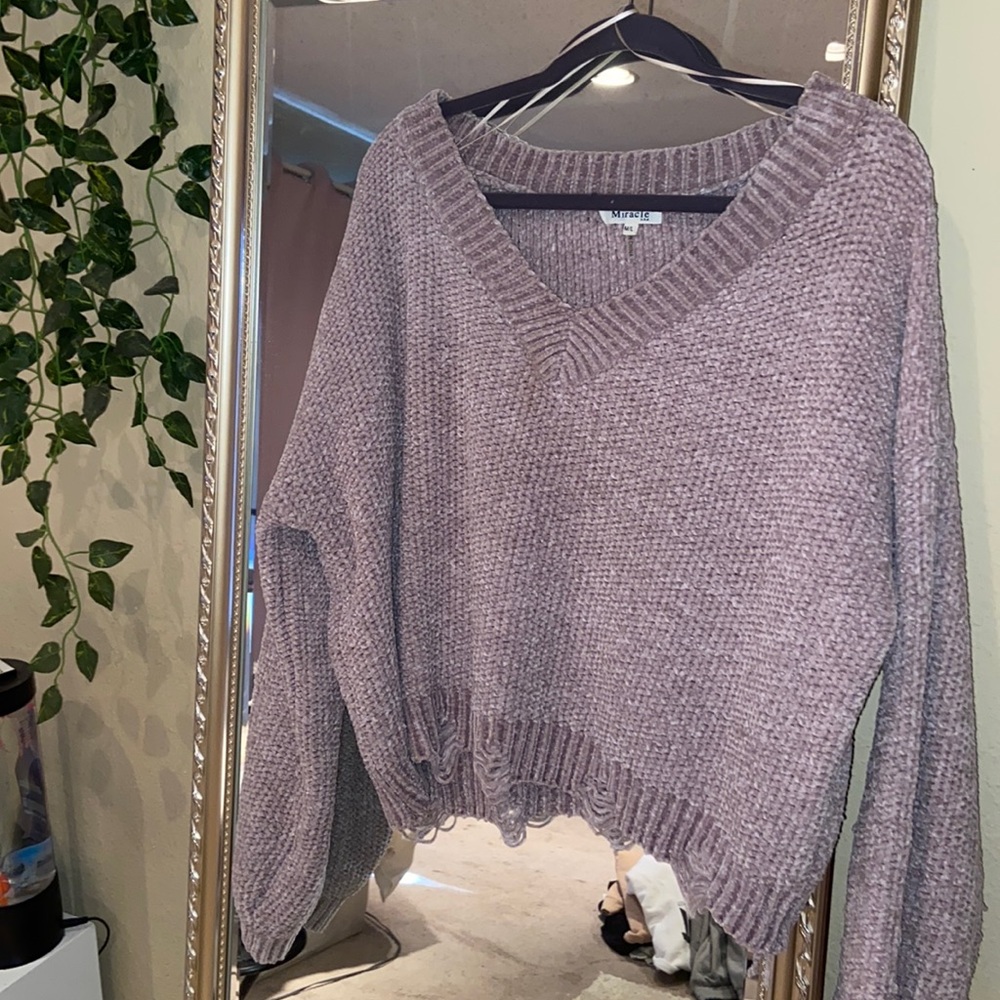 Light purple chunky knit sweater. Worn once. Slight distressing.